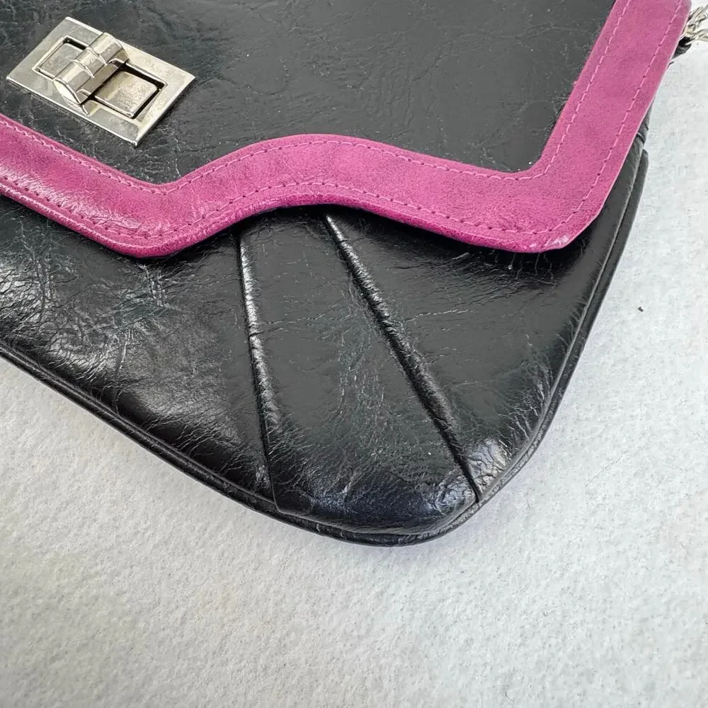 Vintage Black faux Leather Shoulder Bag Pink Trim Y2K Retro Baguette Purse - Picture 7 of 9